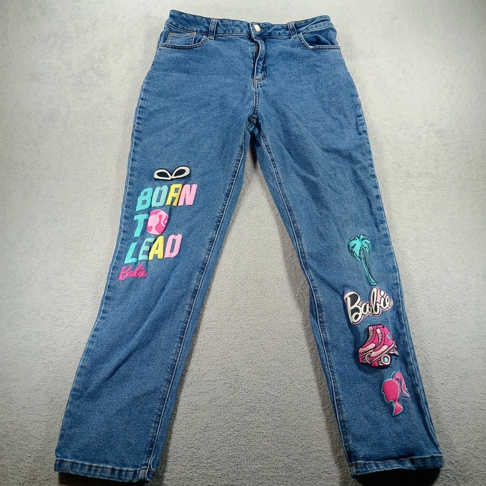 Barbie Women Jeans Blue 30 Graphic Patch Born To Lead Roller Skate Denim